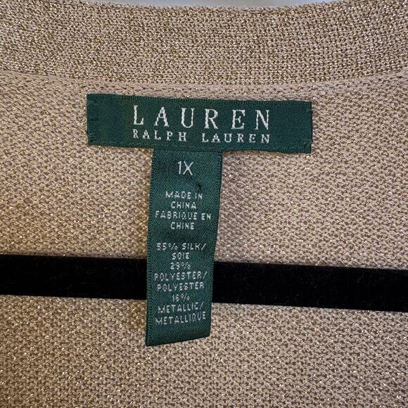 Lauren Ralph Lauren Gold Metallic Cardigan Sweater Silk Blend Holiday 1X NWT - Picture 7 of 9